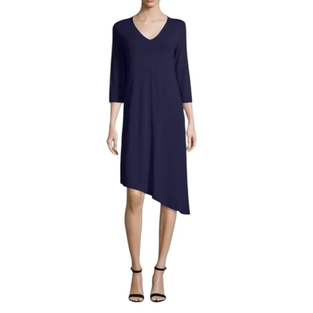 Eileen Fisher Minimalist Dress Med Navy Lagenlook V Neck Asymmetrical